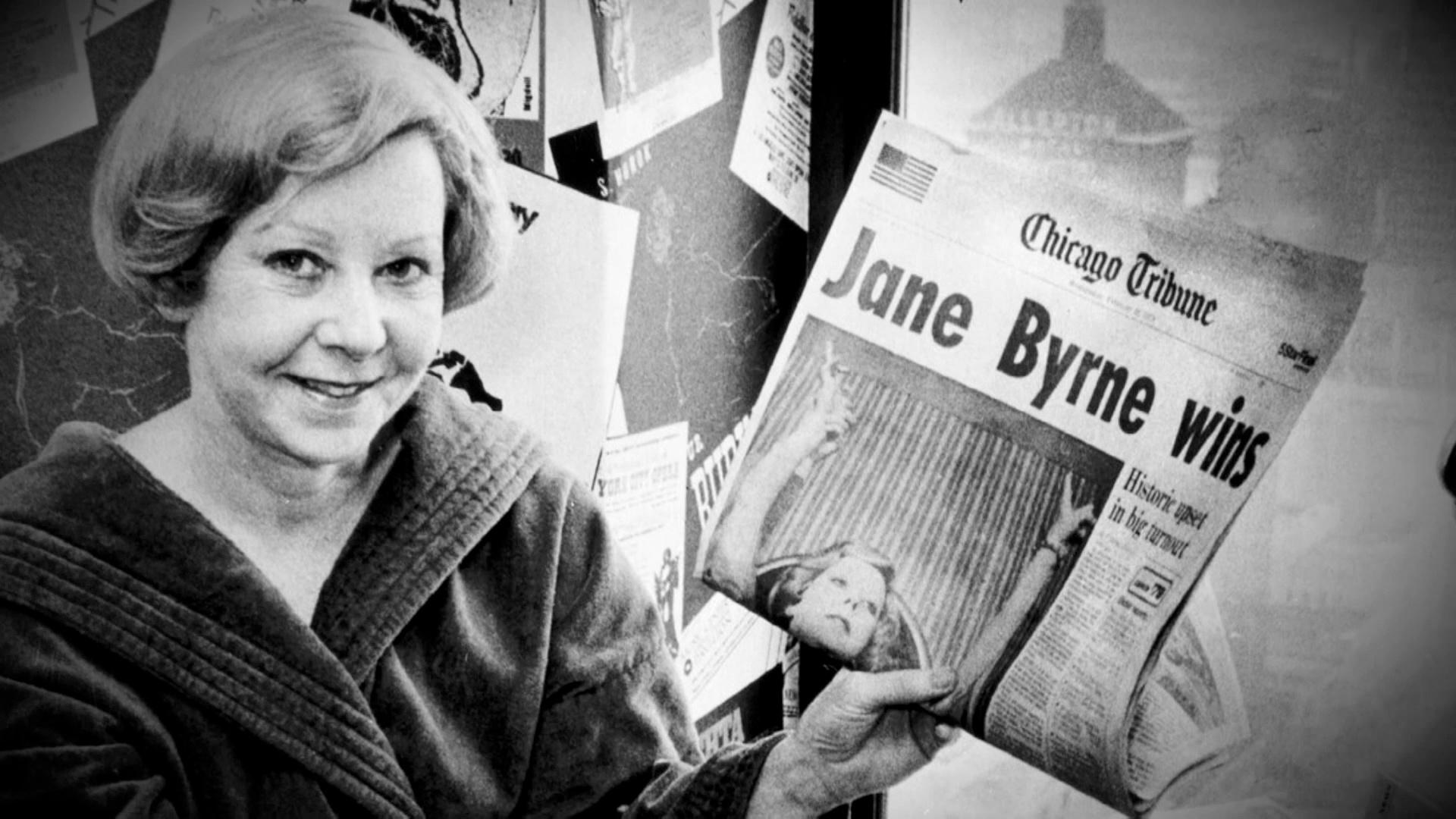 Jane Byrne collage with edition of Chicago Tribune and 'Jane Byrne wins' headline