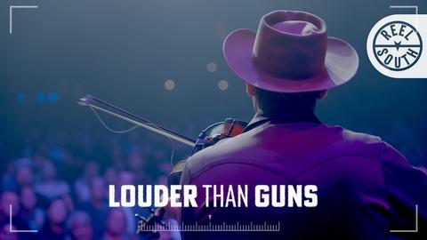 Country music star Ketch Secor's back with the Reel South Logo in the top right corner and the text, "LOUDER THAN GUNS" in the bottom middle.