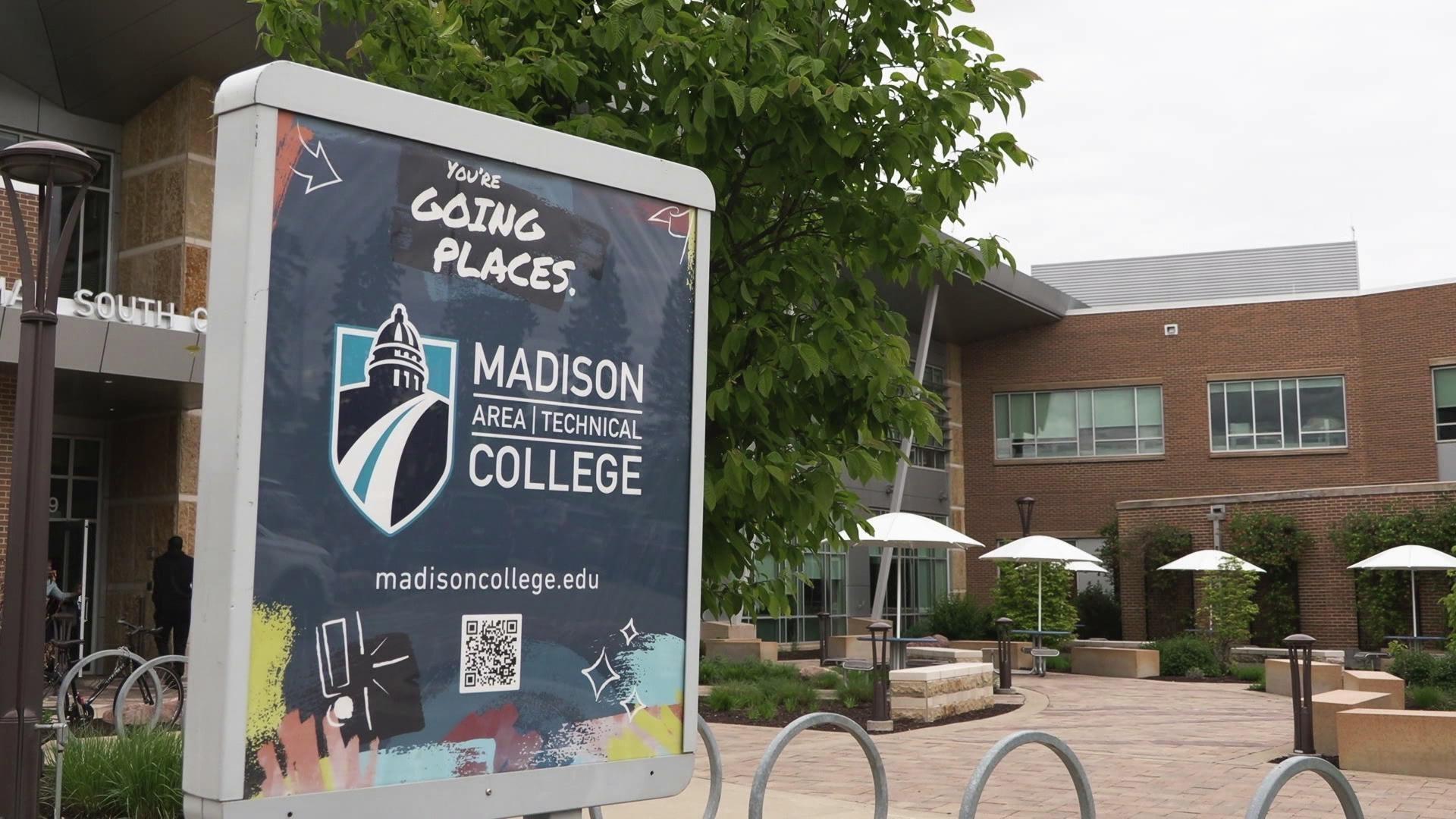 A still image shows a sign in front of a brown brick building, the sign read 'going places,' 'Madison Area Technical College' and 'madisoncollege.edu'