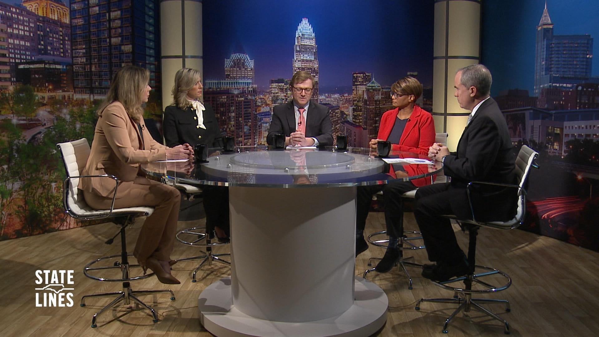 Sitting around the State Lines round table are Sen. Mary Wills Bode (D-District 18), Sen. Benton Sawrey (R-District 10), Donna King (Carolina Journal), Lynn Bonner (NC Newsline) and State Lines Host, Kelly McCullen