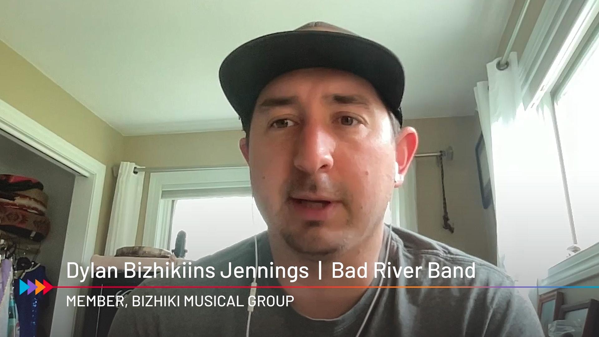 Dylan Bizhikiins Jennings of the Bad River Band speaking on video call. 