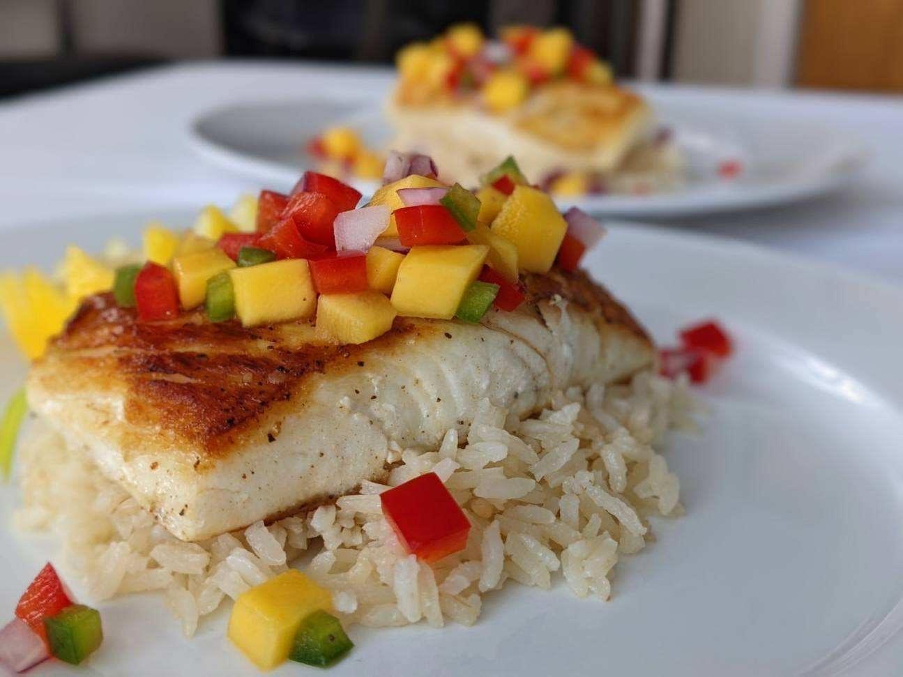 Pan-Seared Halibut With Avocado Risotto