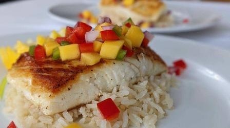 Video thumbnail: Charlotte Cooks Pan-Seared Halibut with Mango Salsa over Rice Pilaf
