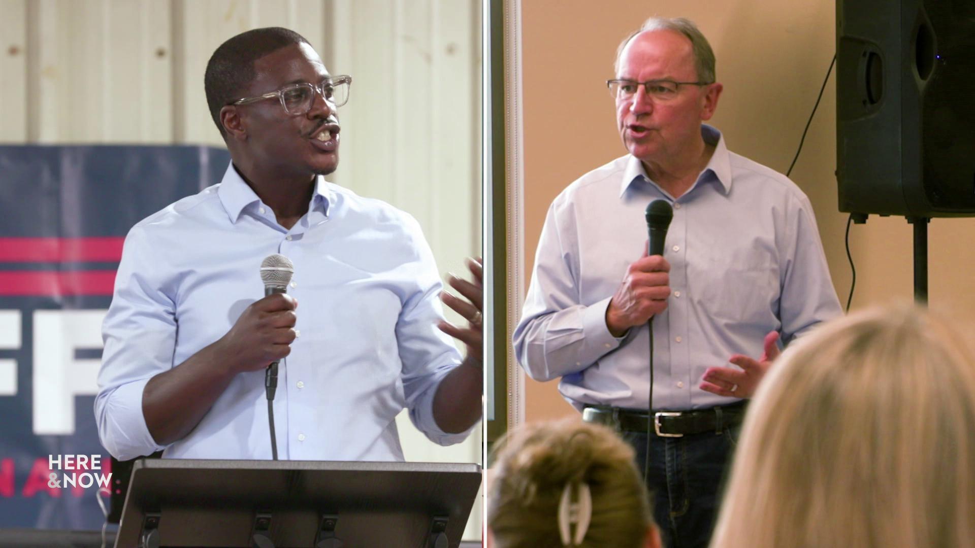 A still image shows a split screen of David Crowley and Tom Tiffany both holding microphones at speaking to crowds at separate campaign stops. A still image shows a split screen of David Crowley and Tom Tiffany both holding microphones at speaking to crowds at separate campaign stops.