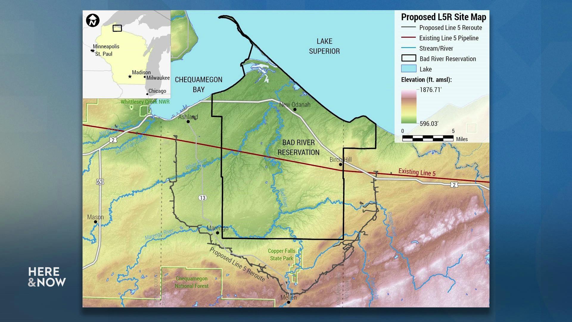 A still image shows a map of the Bad River reservation, the existing Line 5 route and the proposed reroute. A still image shows a map of the Bad River reservation, the existing Line 5 route and the proposed reroute.