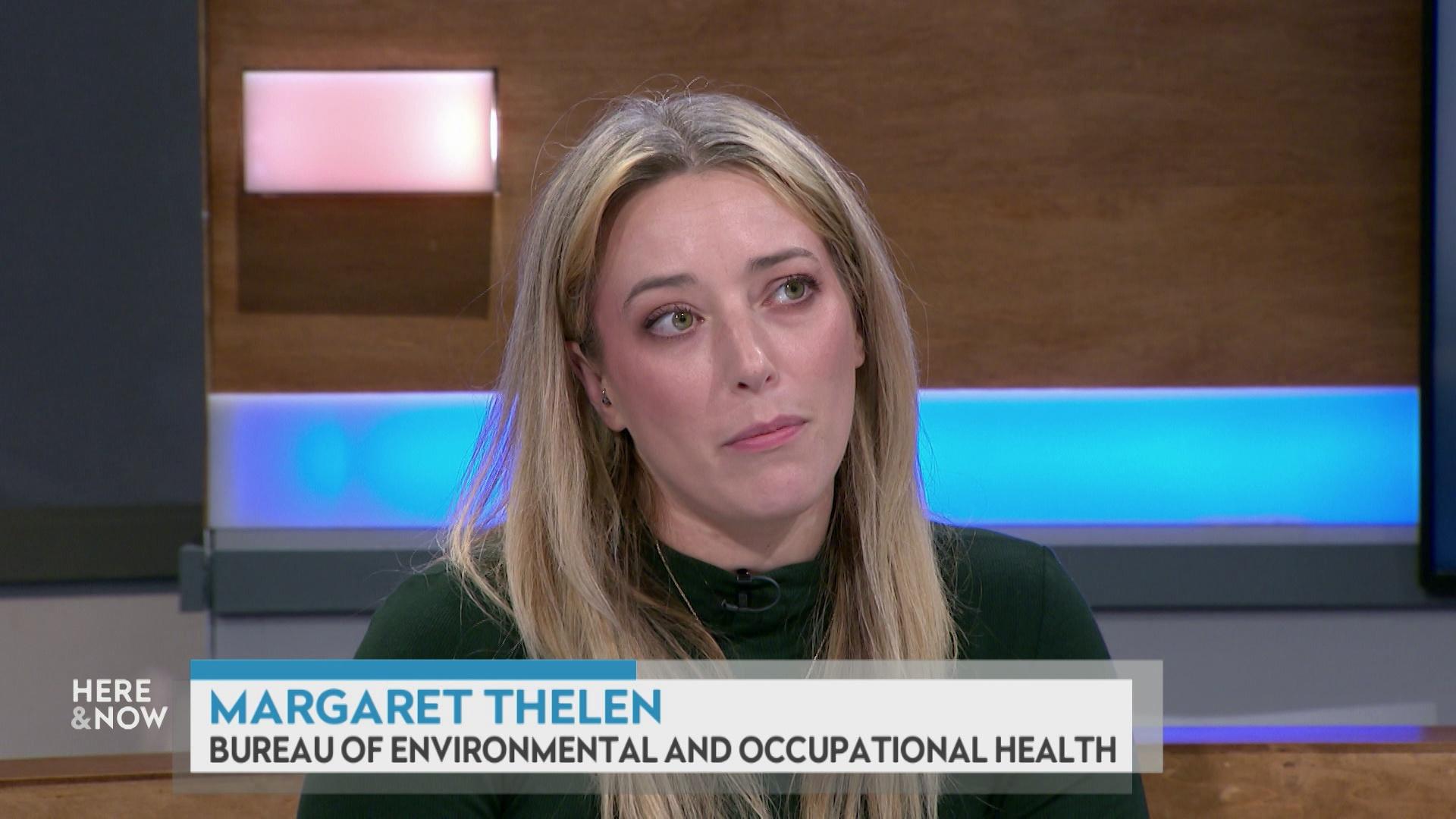 A still image shows Margaret Thelen seated at the 'Here & Now' set featuring wood paneling, with a graphic at bottom reading 'Margaret Thelen' and 'Bureau of Environmental and Occupational Health.'