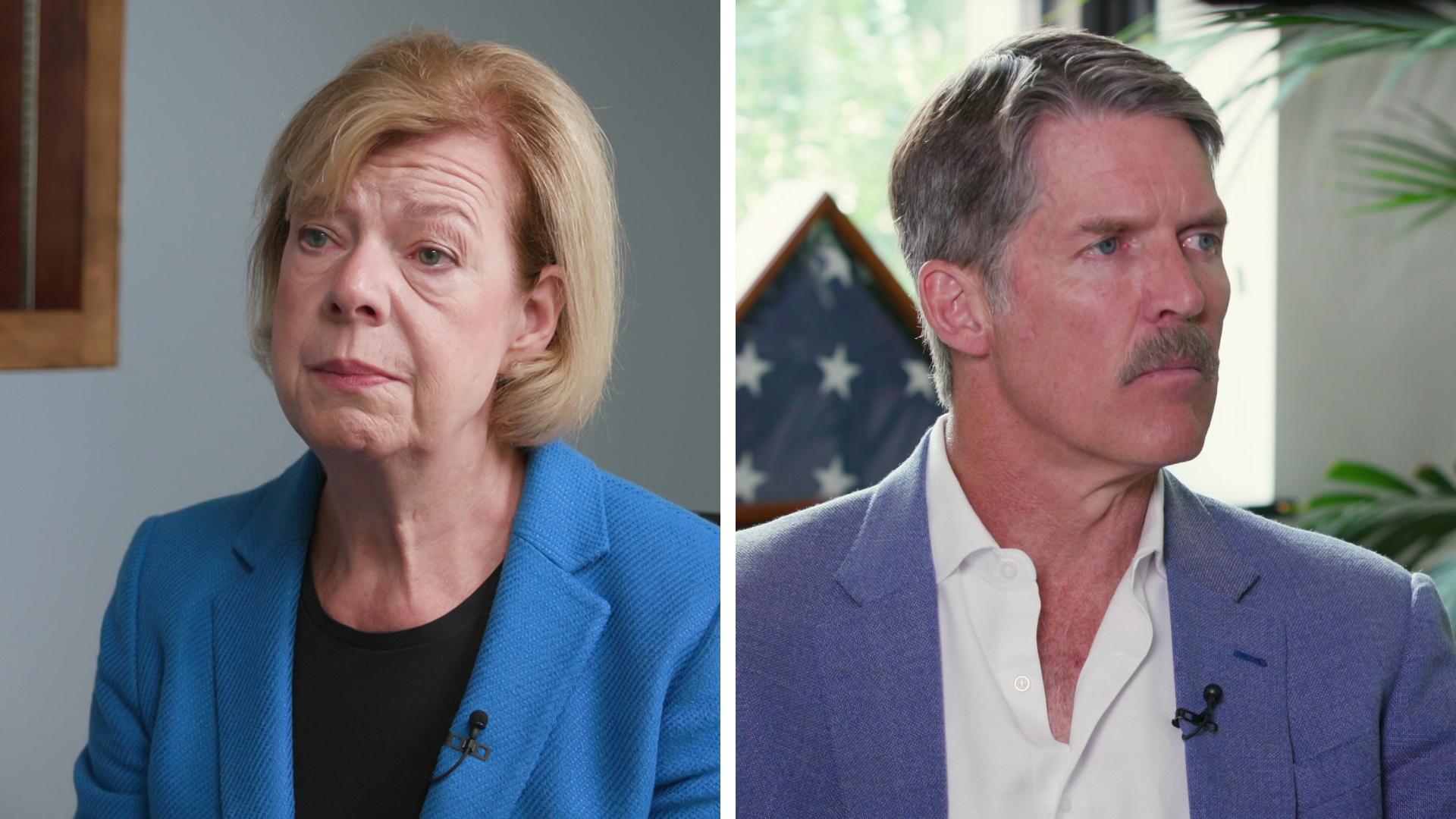 A split screen depicts Eric Hovde on the left seated indoors with a potted plant in the background and Tammy Baldwin on the right seated indoors with framed artwork in the background.