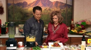 Achiote Rubbed Salmon with Chorizo Arepa,Poblano Chile Sauce