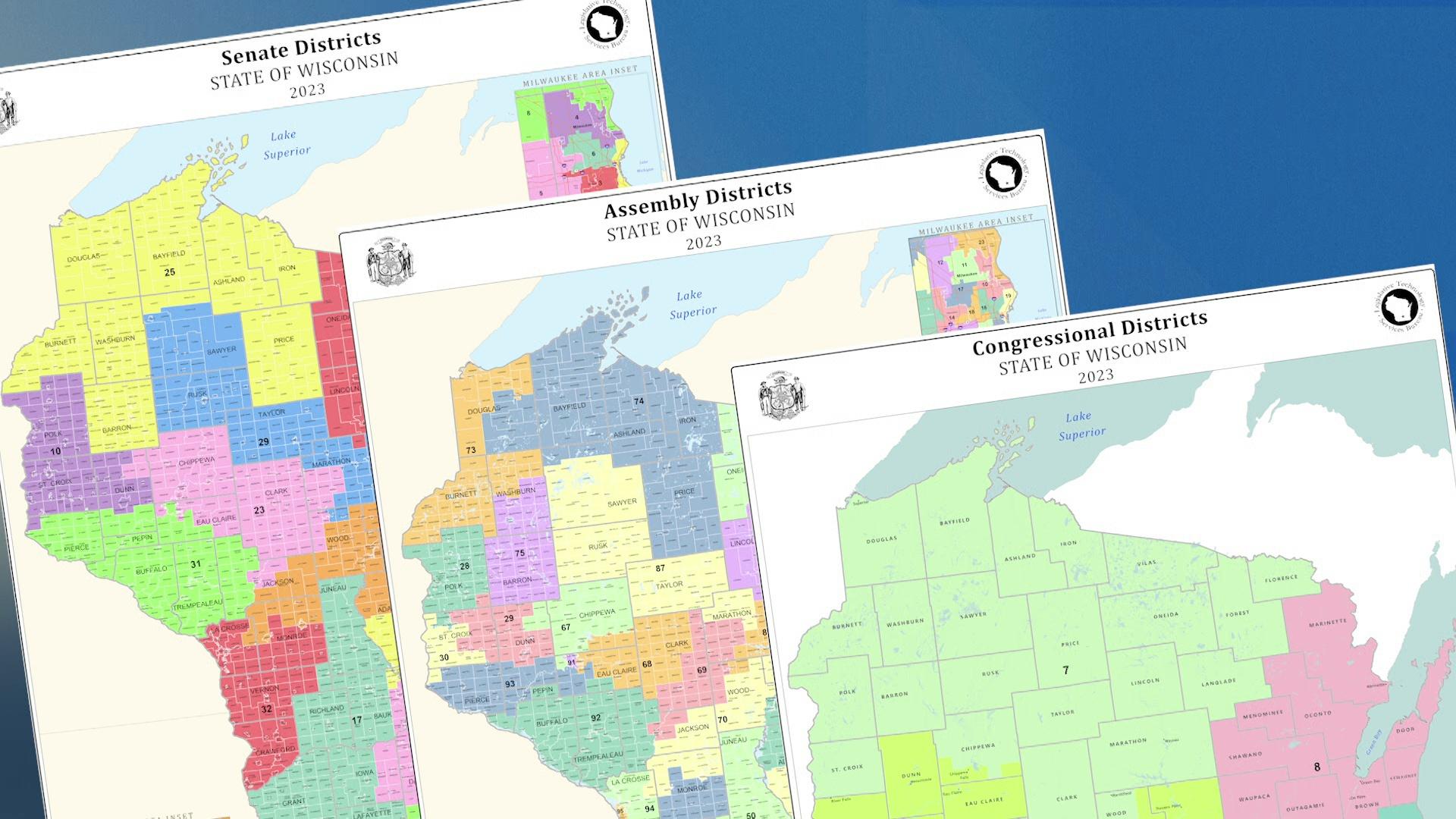 A graphic shows three overlapping maps of Wisconsin depicting the state's 2023 Senate, Assembly, and congressional districts.