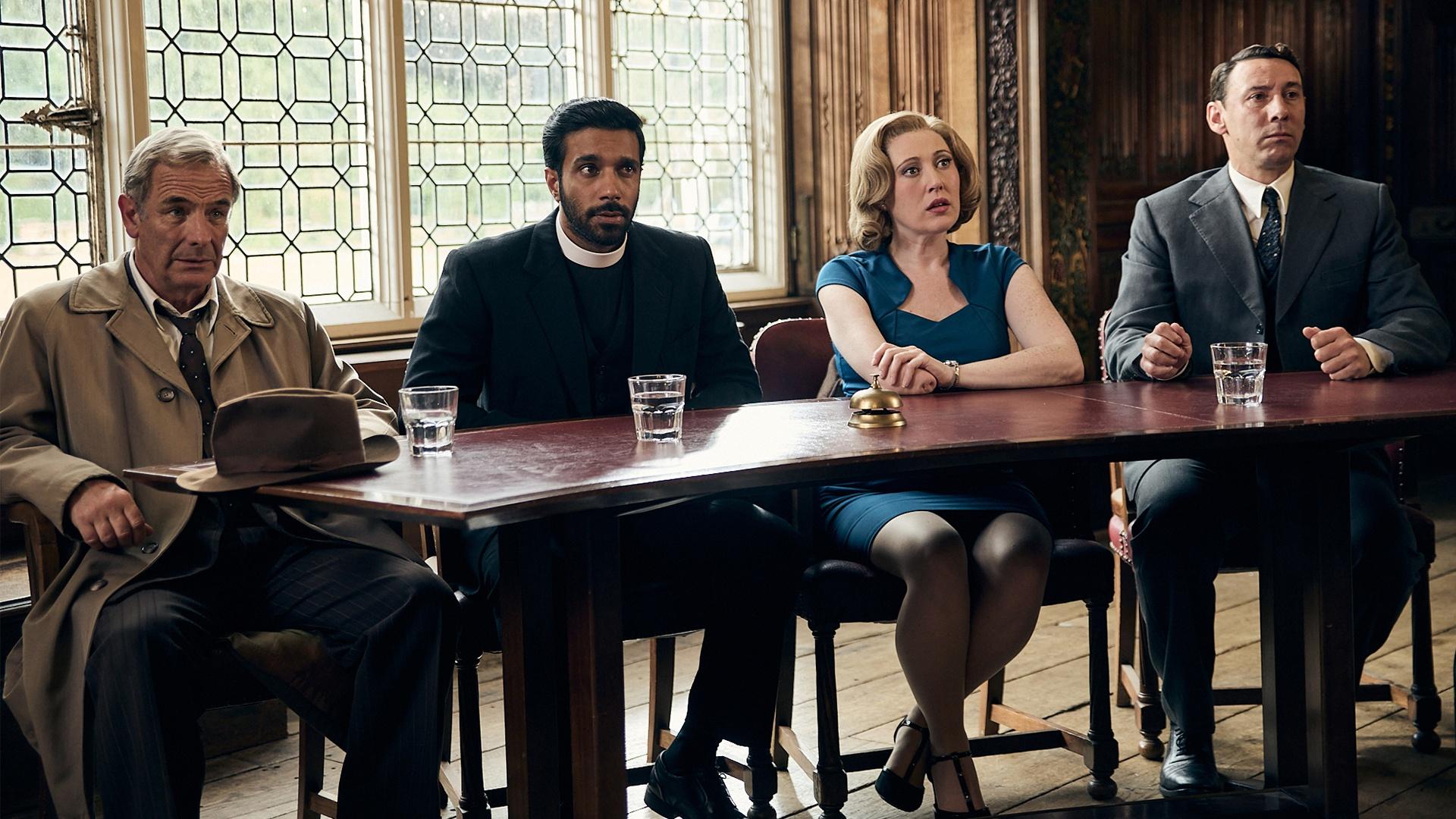L-R: Robson Green as Detective Inspector Geordie Keating; Rishi Nair as Vicar Alphy Kottaram; Melissa Johns as Miss Scott; Al Weaver as Leonard Finch.