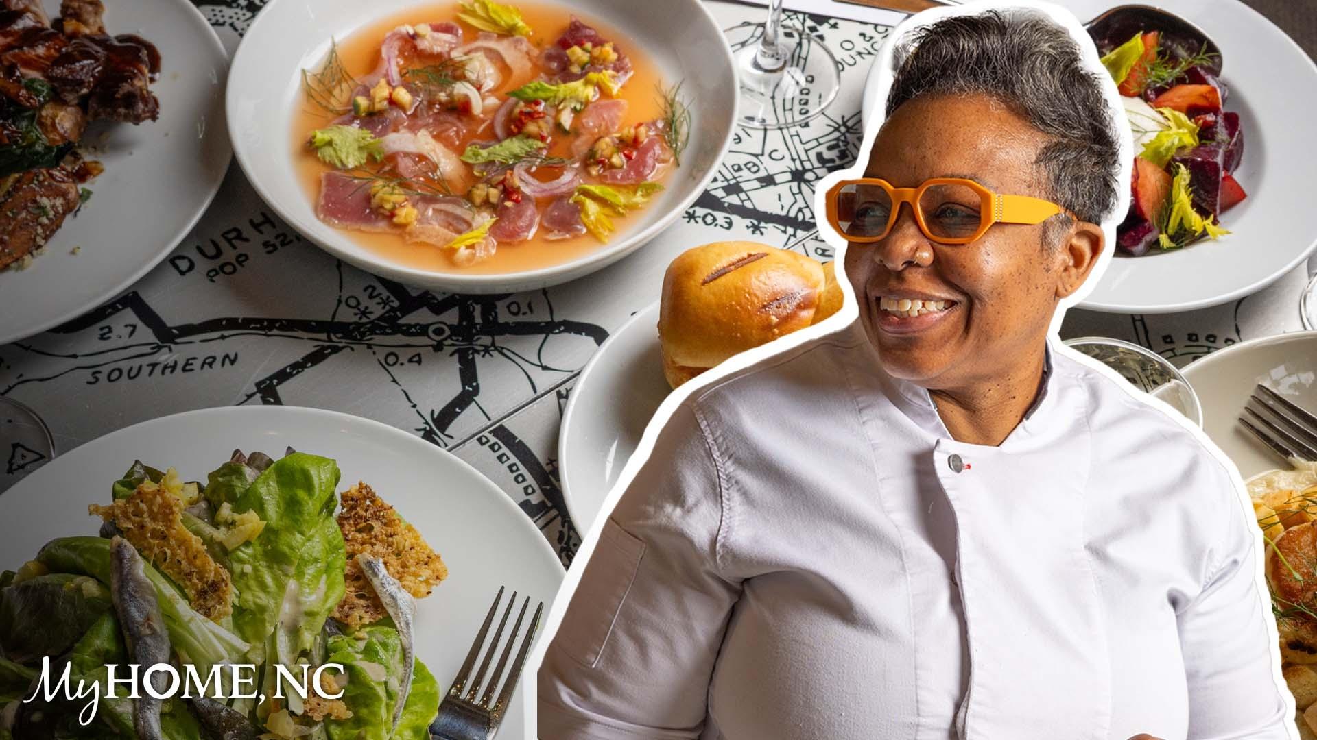 Chef Melanie Wilkerson over a spread of her dishes.