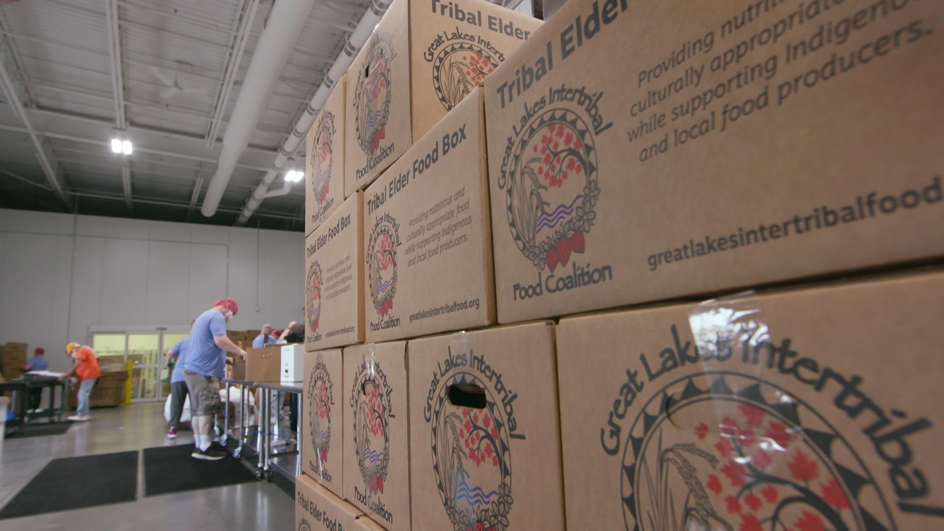 Stacked cardboard boxes labeled Tribal Elder Food Box from the Great Lakes Intertribal Food Coalition, with workers packing boxes in the background.