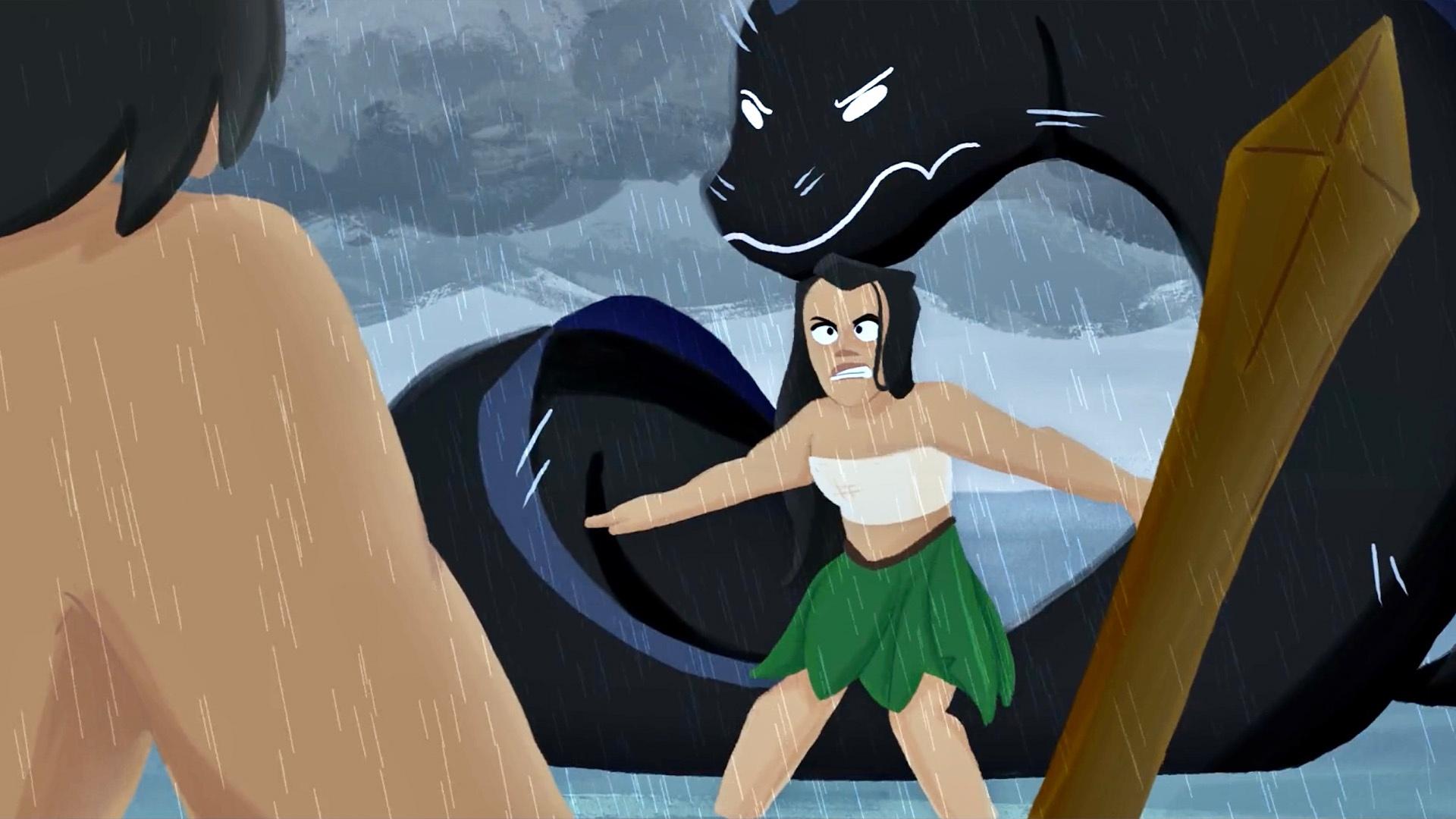 Animated still from the short film, "Sina ma Tinirau" about a prince cursed to be an eel