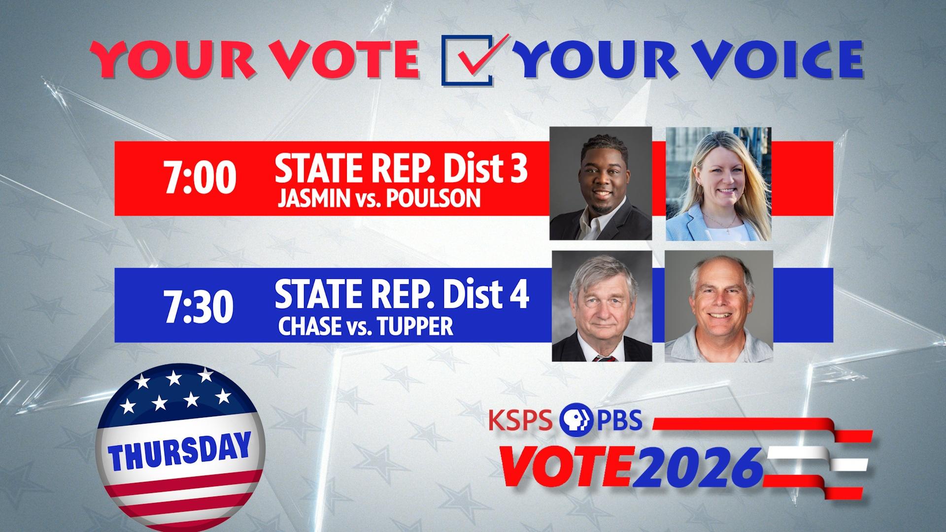 Candidates for 2 seats to represent the Spokane area in Olympia debate at KSPS PBS.