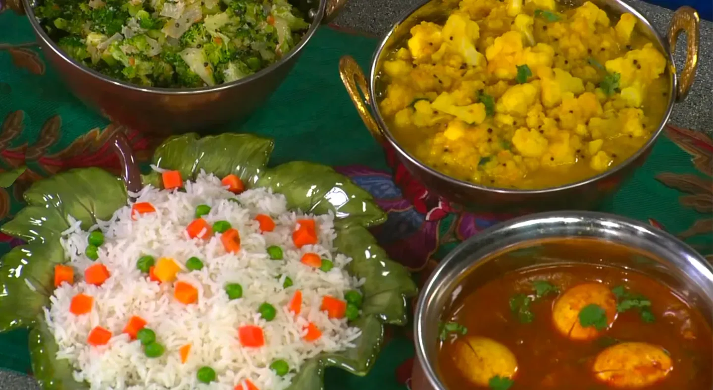 • Egg Kulambu • Cauliflower Kootu • Broccoli with Coconut