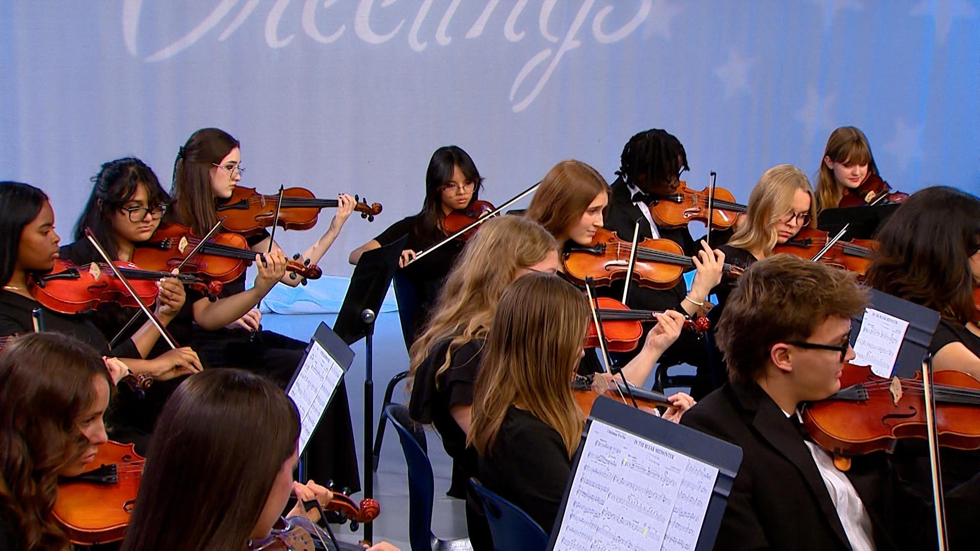 Students from Shadow Ridge High School’s Chamber Orchestra perform In the Bleak Midwinter.