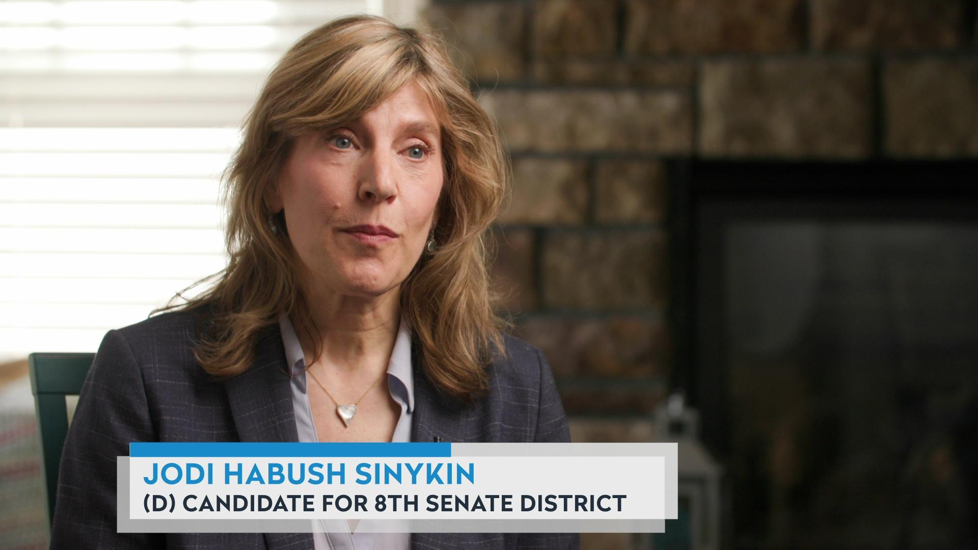 A still image from a video shows Jodi Habush Sinykin sitting in a room with a fireplace and window in the background, with a graphic at bottom reading 'Jodi Habush Sinykin' and '(D) Candidate for 8th Senate District.' 
