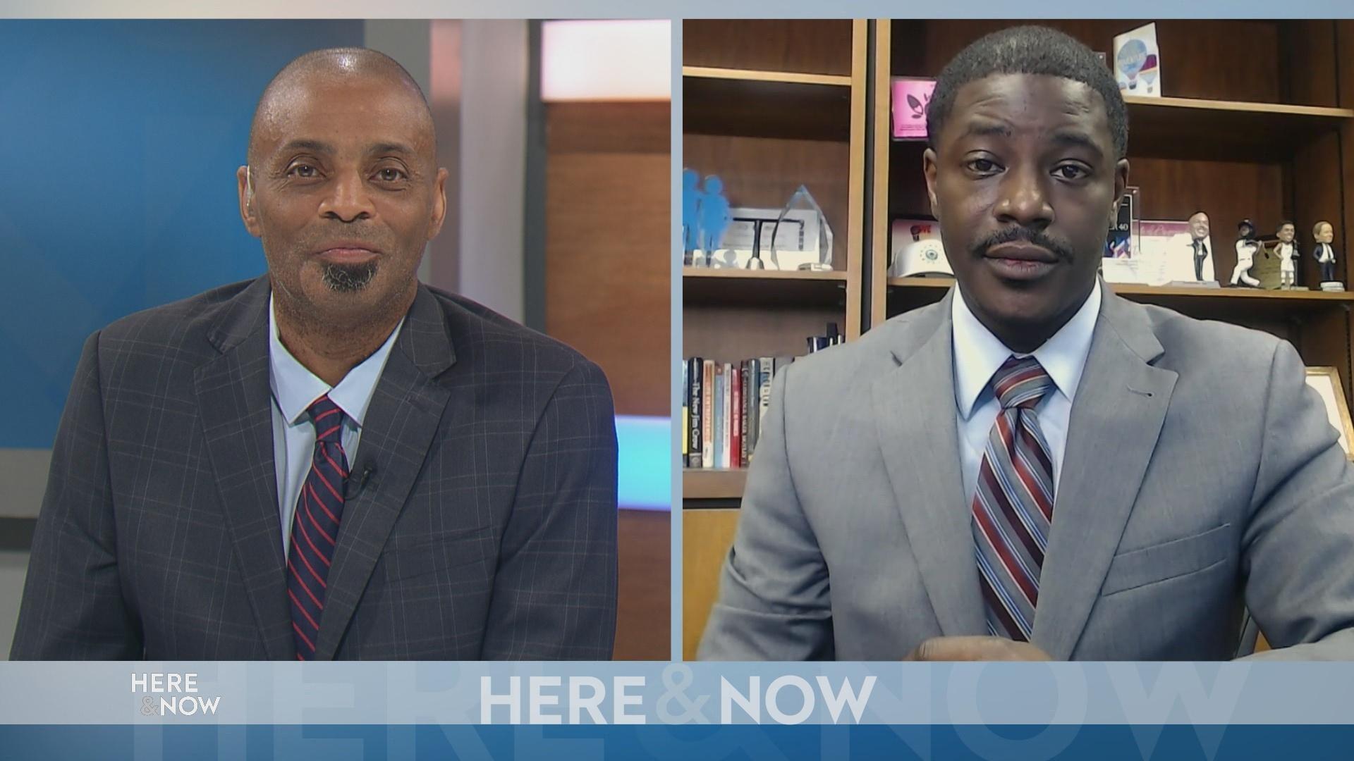 Split screen with PBS Wisconsin special projects journalist Murv Seymore (left) and Milwaukee County Executive David Crowley (right)