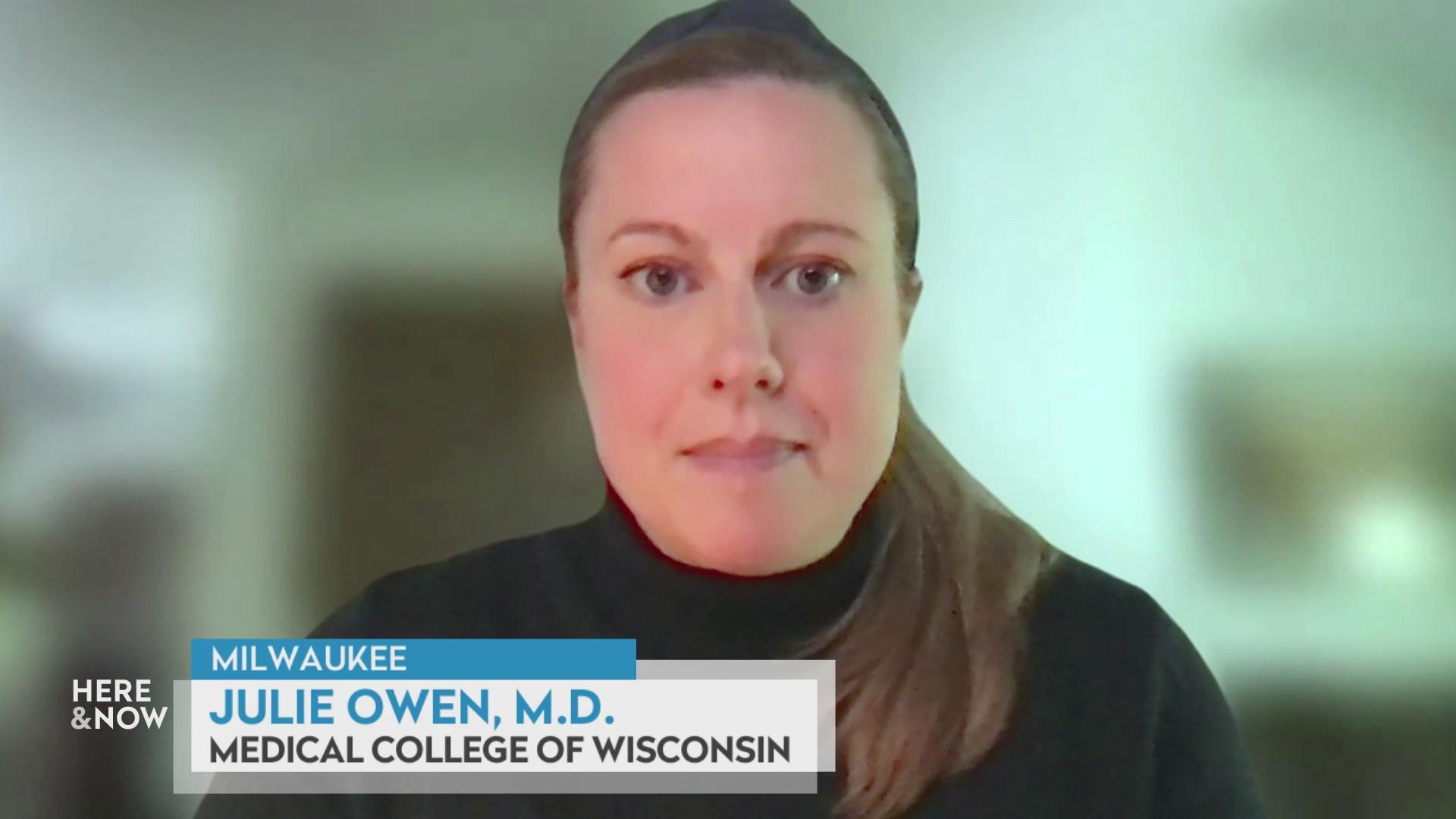 A still image from a video shows Julie Owen seated in front of a blurred background with a graphic at bottom reading 'Milwaukee,' 'Julie Owen, M.D.' and 'Medical College of Wisconsin.'