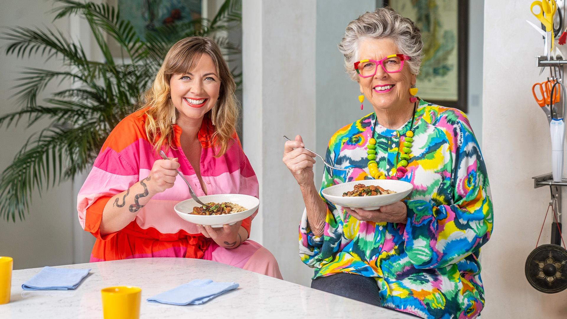 Prue invites Charlotte Church to her kitchen and makes decorative chocolate leaves.