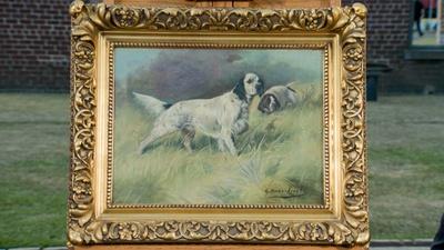Appraisal: Gustav Muss-Arnolt Hunting Dogs Oil, ca. 1900