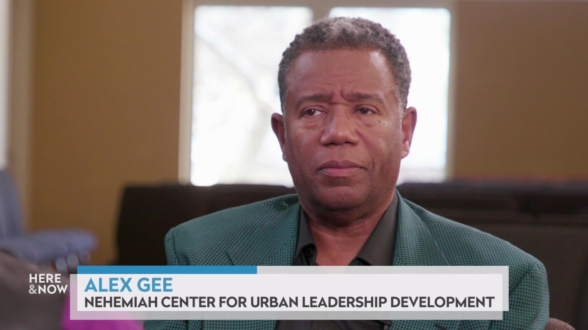A still image shows Dr. Alex Gee seated in front of a tan wall and window with a graphic at bottom reading 'Alex Gee' and 'Nehemiah Center for Urban Leadership Development.'