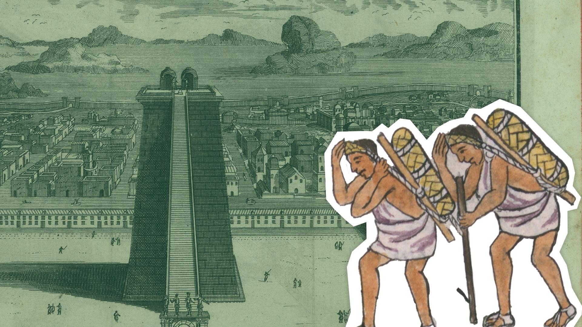A cutout of drawn aztecs carrying packs on their backs in front of a green monotone image of the ancient city Tenochtitlan. 