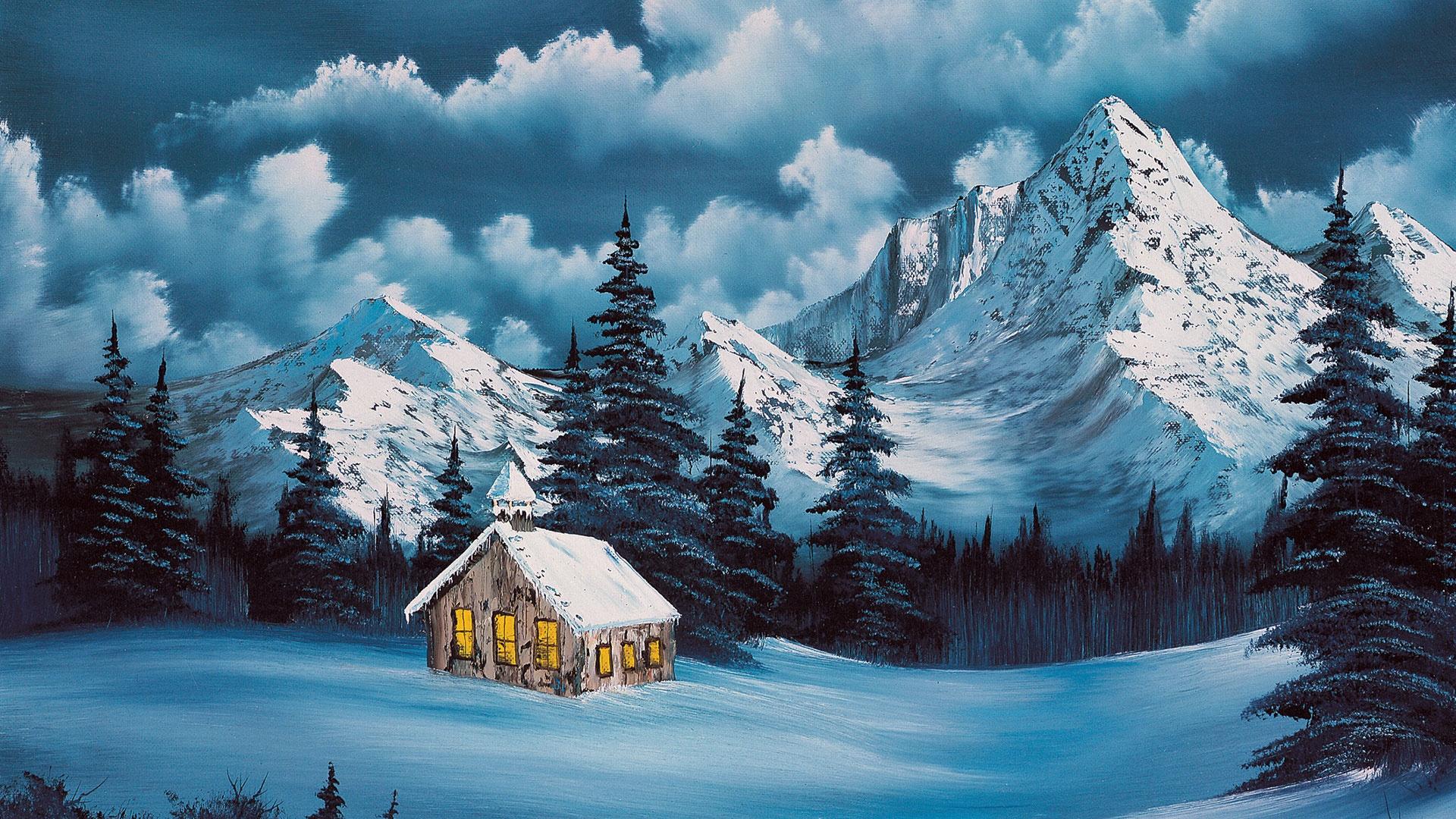 bob ross barn in snow oval