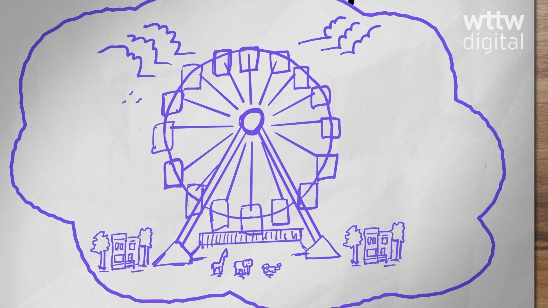 Hand drawn sketch of the 1893 World's Fair Ferris Wheel