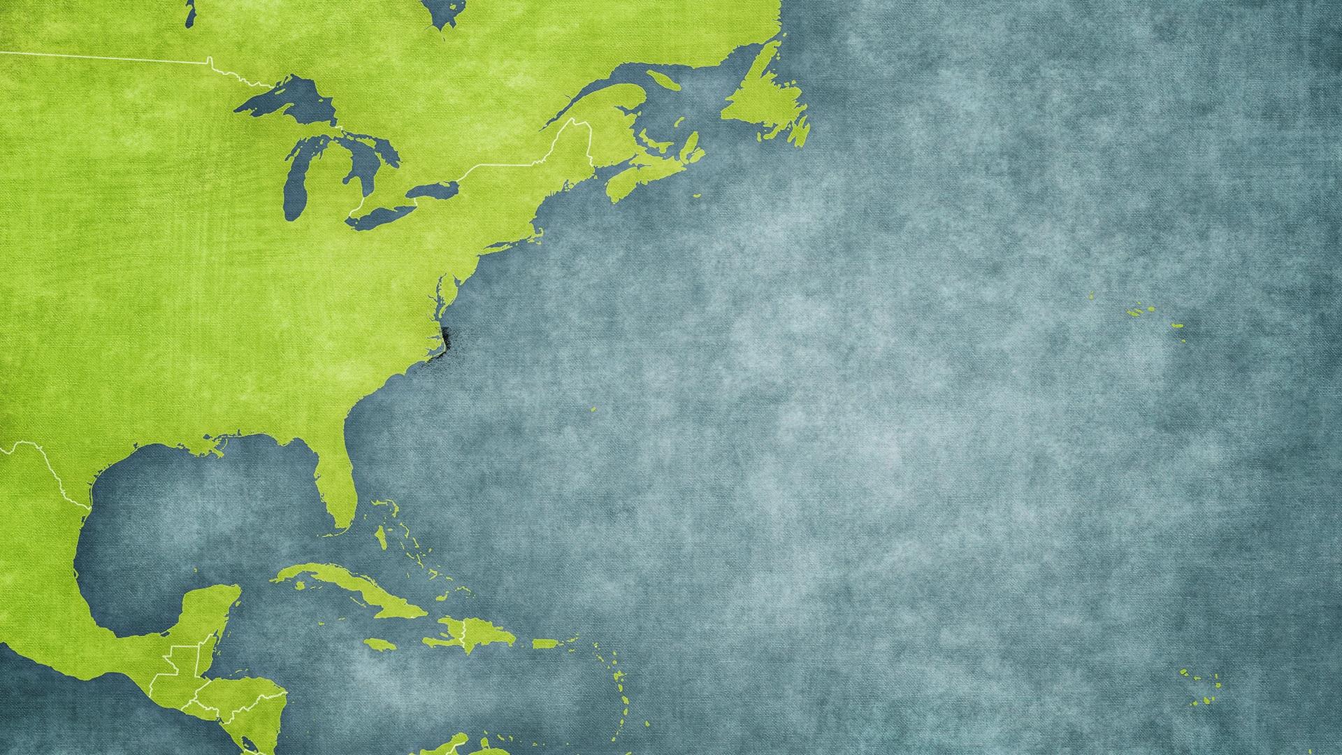 A topographical image of the Atlantic Ocean and the US's East coast. 