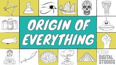 Logo for the PBS Series Origin of Everything, various pictures of historical items in yellow and white surrounding a green box with the text "Origin of Everything"