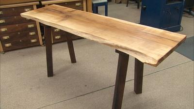American Woodshop | Natural Edge Slab Tables with Recycled Metal Legs/Block Tops