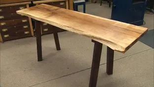 Natural Edge Slab Tables with Recycled Metal Legs/Block Tops