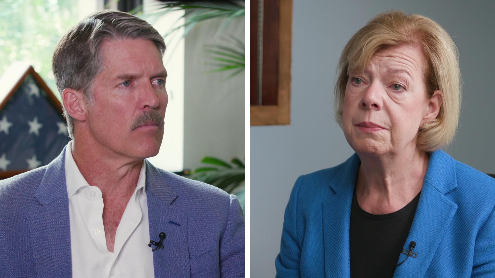 A split screen depicts Eric Hovde on the left seated indoors with a potted plant in the background and Tammy Baldwin on the right seated indoors with framed artwork in the background.