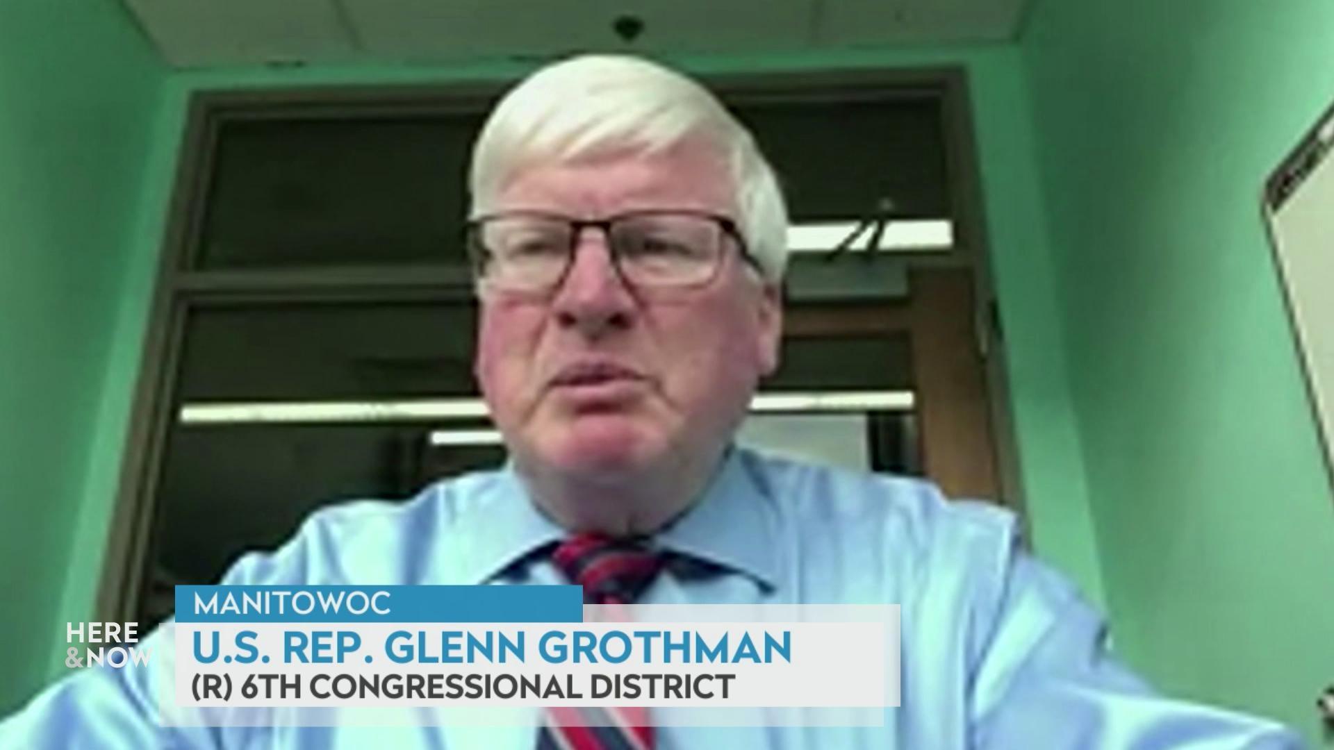 A still image shows Glenn Grothman seated in a room with green walls, with a graphic at the bottom that reads 'Manitowoc,' 'U.S. Rep. Glenn Grothman' and '(R) 6th Congressional District.' A still image shows Glenn Grothman seated in a room with green walls, with a graphic at the bottom that reads 'Manitowoc,' 'U.S. Rep. Glenn Grothman' and '(R) 6th Congressional District.'