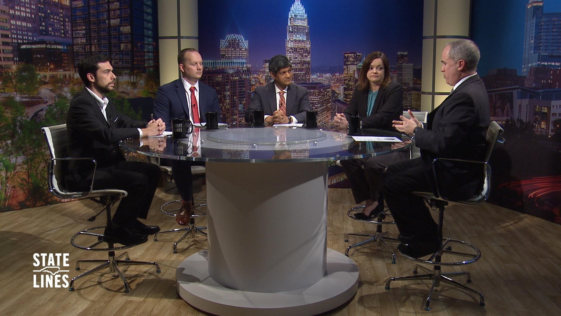 Sitting around the State Lines round table are Rep. Allen Chesser (R-District 25), Sen. Jay Chaudhuri (D-District 15), Dawn Vaughan (News & Observer), Nick Craig (Wilmington’s Morning News) and State Lines host, Kelly McCullen.