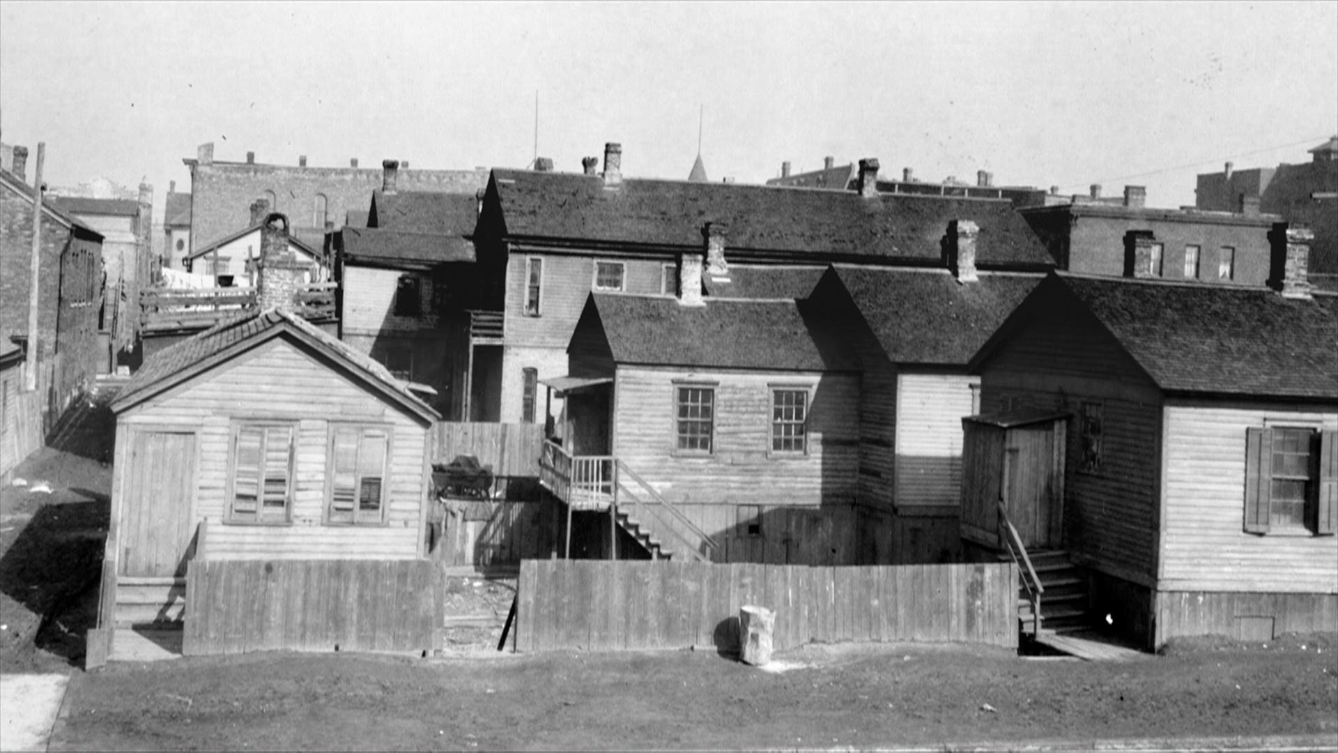 Wood shanties in Chicago circa 1871