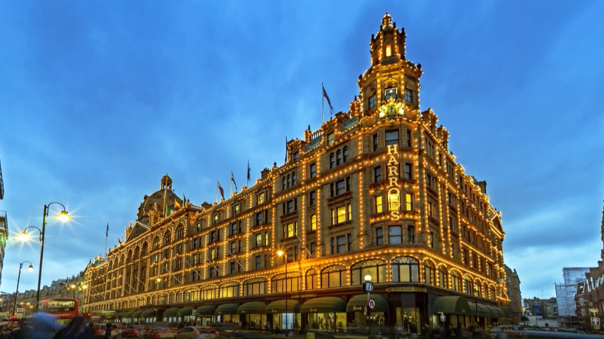 Harrods department store at dusk, Knightsbridge, London