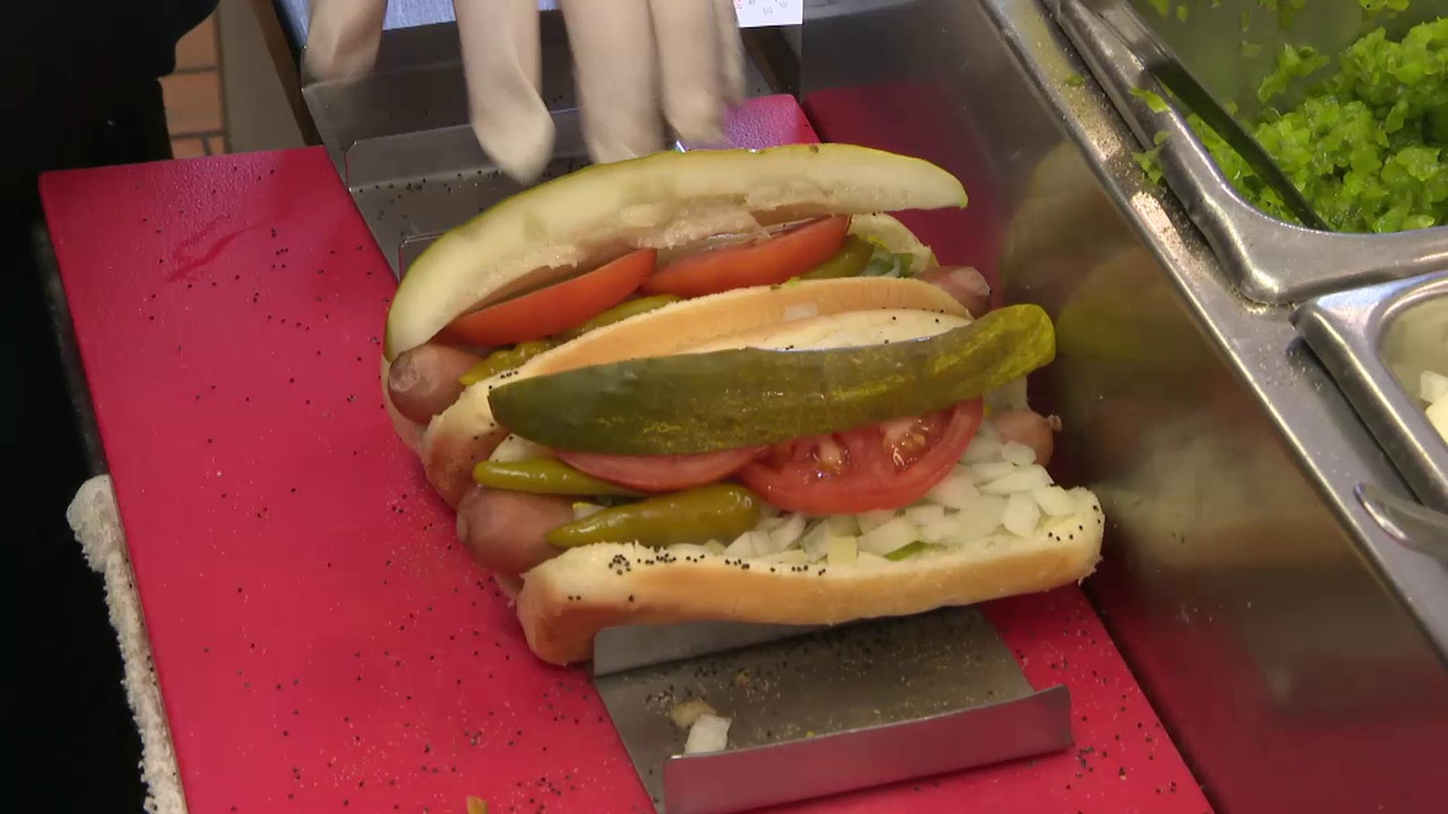 Two Chicago style hotdogs sit on a tray