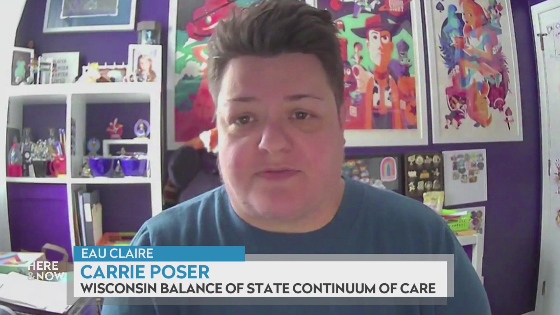A still image from a video shows Carrie Poser seated in front of purple wall with colorful posters and white shelves lined with figures with a graphic at bottom reading 'Eau Claire,' 'Carrie Poser' and 'Wisconsin Balance of State Continuum of Cares.'