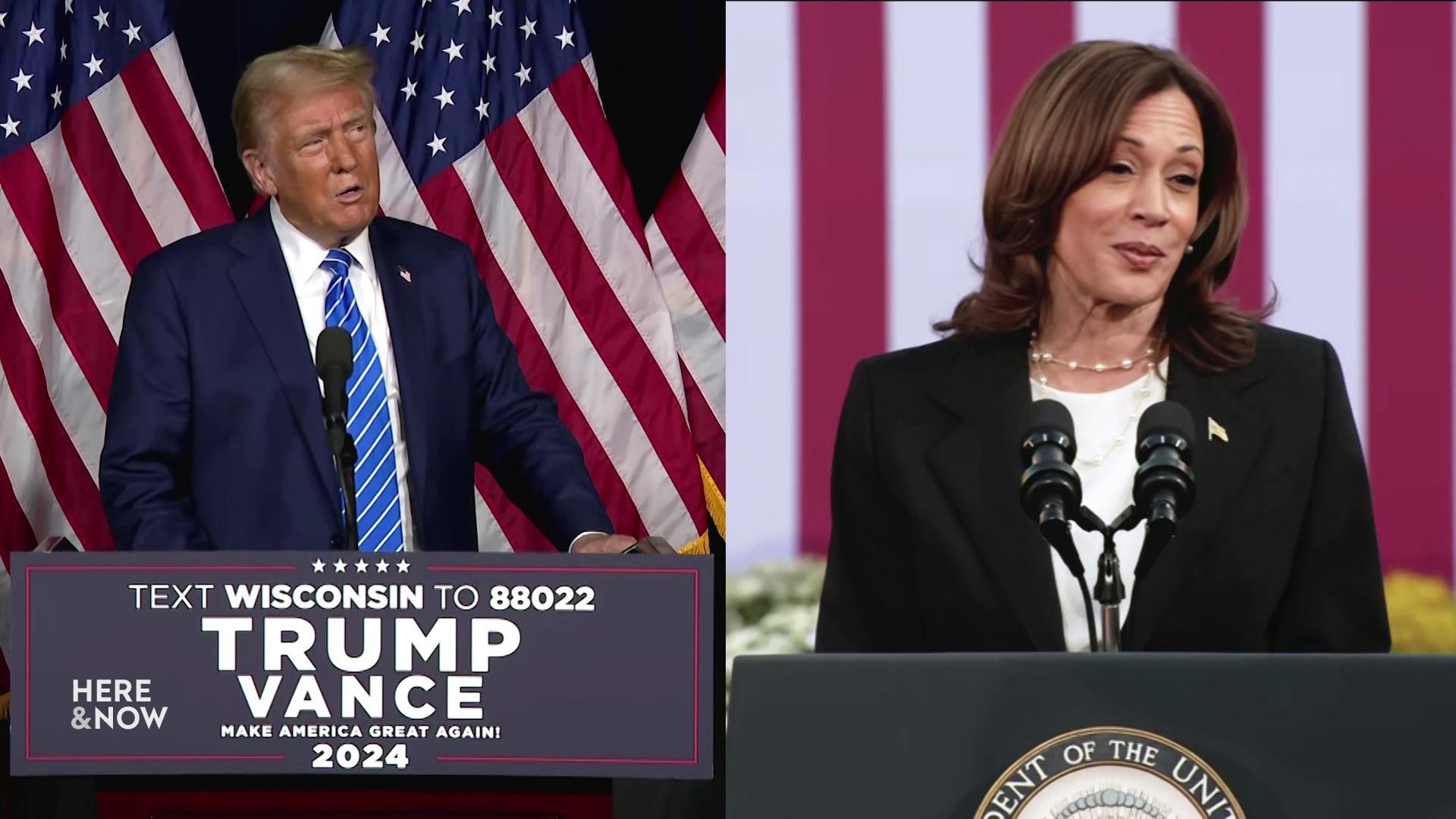 A split screen depicts Donald Trump on the left speaking into a microphone while standing in front of a U.S. flag and Kamala Harris on the right speaking into a microphone while standing in front of a U.S. flag.