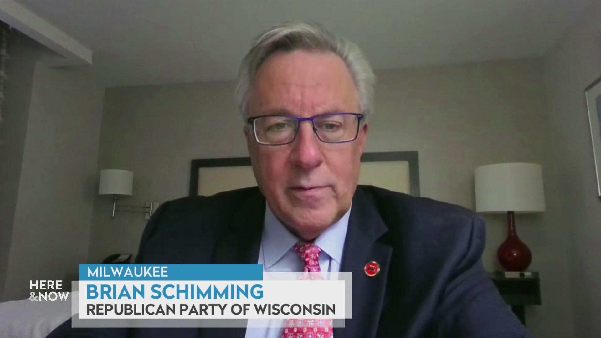 A still image from a video shows Brian Schimming seated in front of two wall lamps, with a graphic at bottom reading 'Milwaukee,' 'Brian Schimming' and 'Republican Party of Wisconsin.'