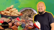 Egg Rolls, Mole de Plátano and Dukkah