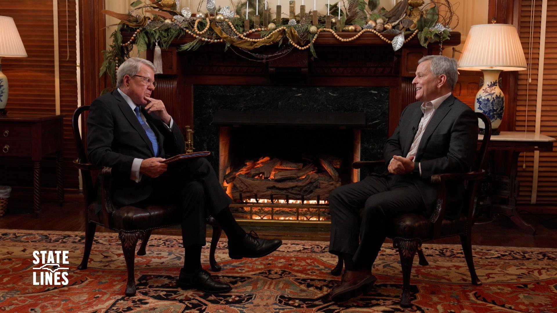 Governor Josh Stein sitting across from David Crabtree, CEO of PBS NC.