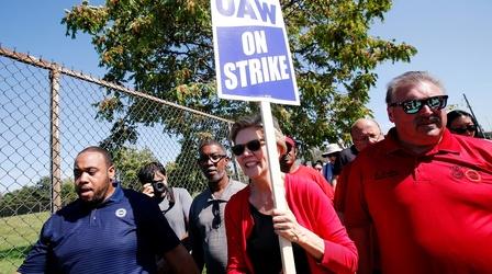 Video thumbnail: PBS NewsHour Elizabeth Warren joins GM picket line as strike enters day 7