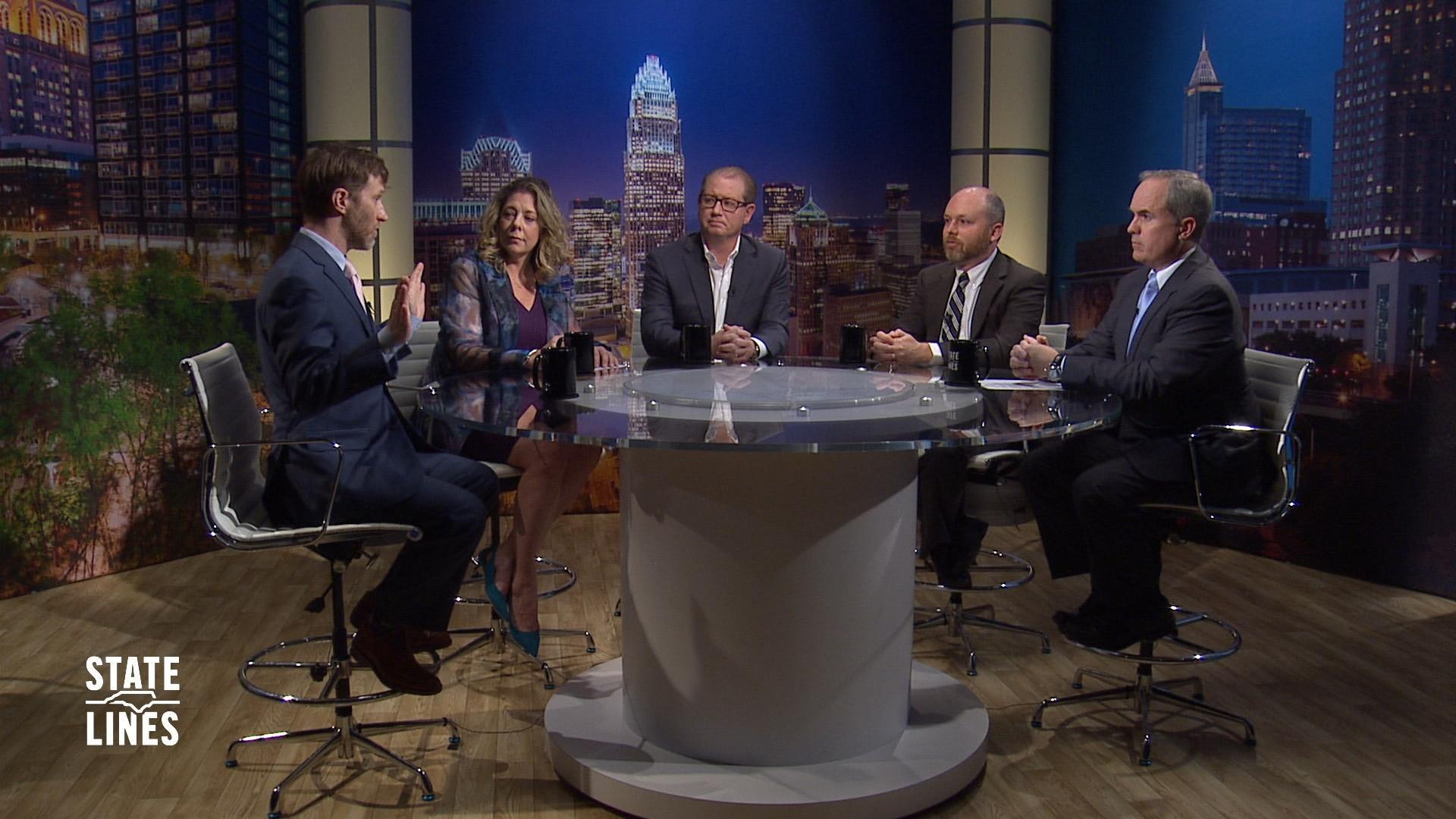 Sitting around the State Lines round table are political strategist Morgan Jackson, Colin Campbell (WUNC Radio), Donna King (Carolina Journal) and Michael McElroy (Cardinal & Pine) and State Lines host, Kelly McCullen.