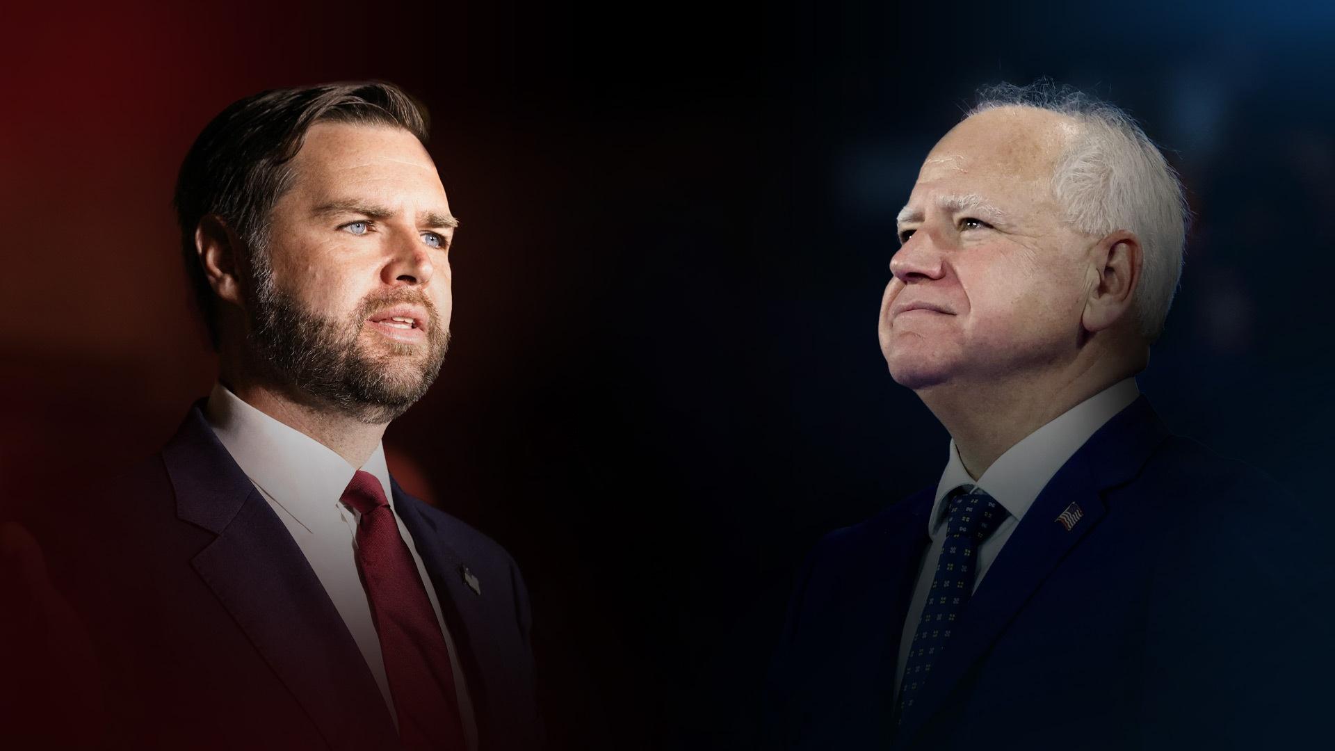 a portrait of JD Vance on the left and one of Tim Walz on the right. Both looking stoically into the future.