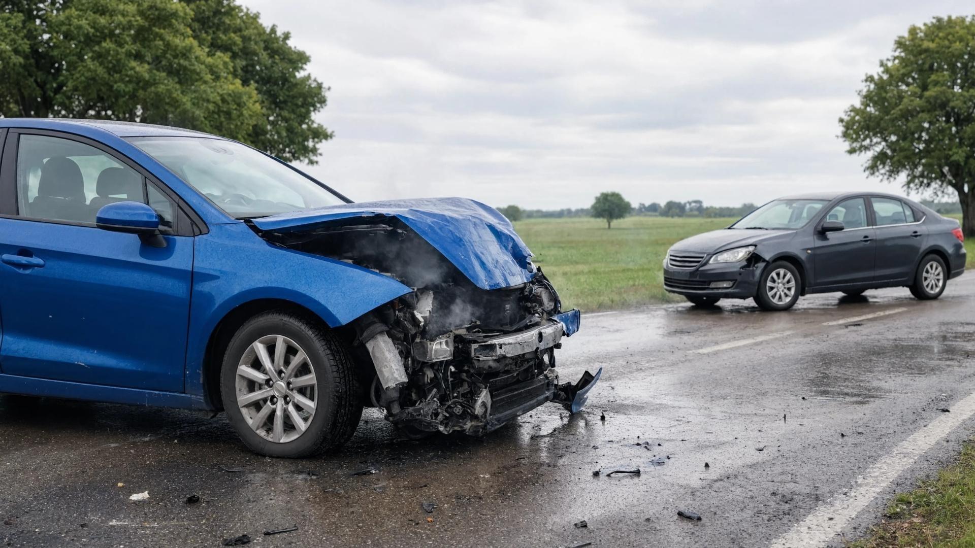 An image of a car crash between a blue car and black car.