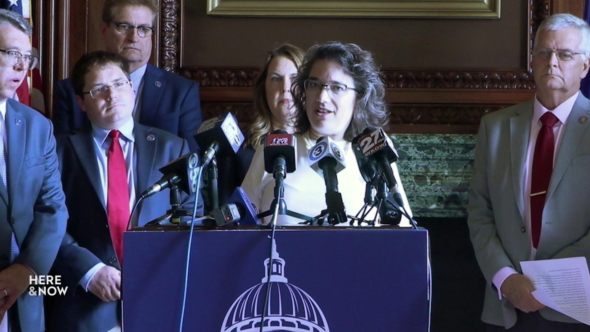 Sen. Melissa Agard stands behind a podium with microphones, surrounded by state officials with a wooden frame on the wall.