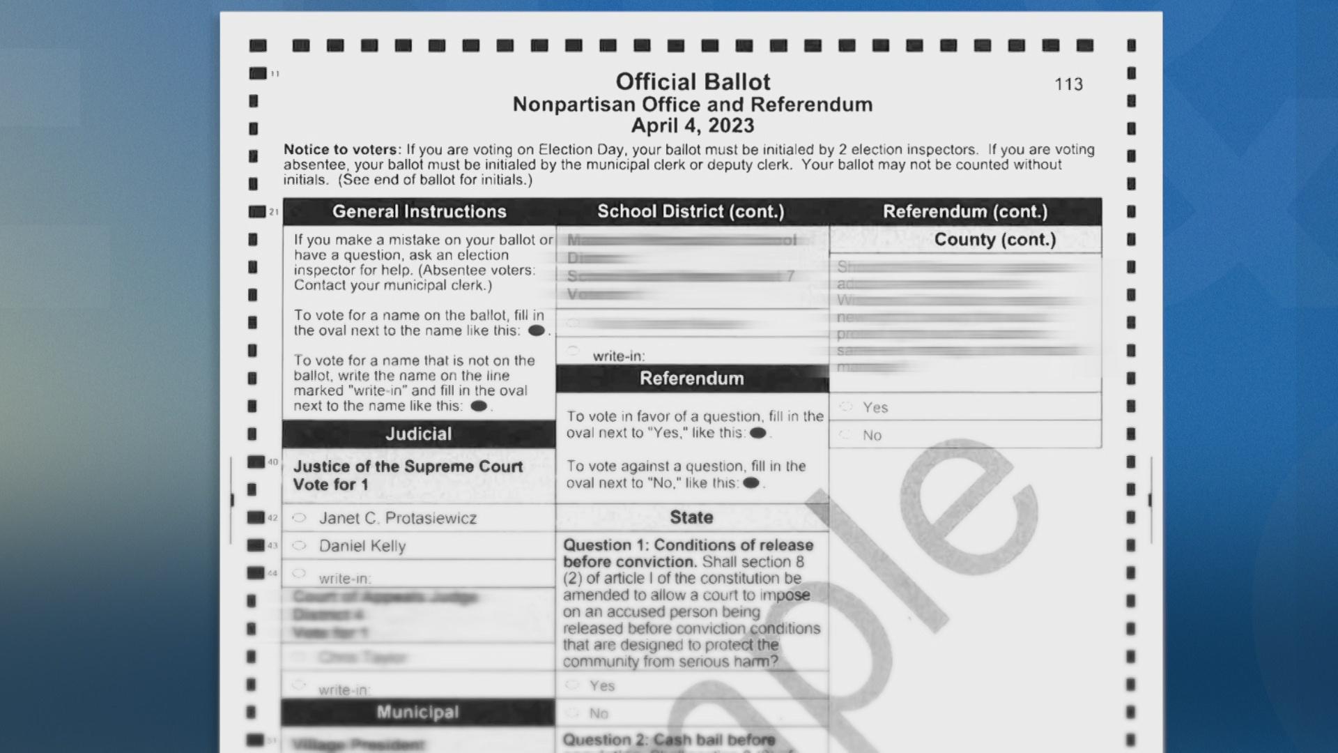 A still image from a video shows a sample ballot from Wisconsin's spring election on April 4, 2023.